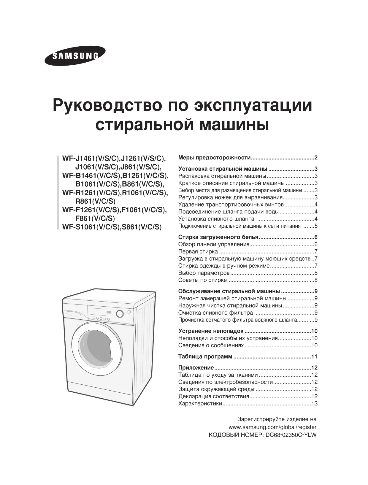 Первая страница инструкции Samsung WF-F1061EW/YAS